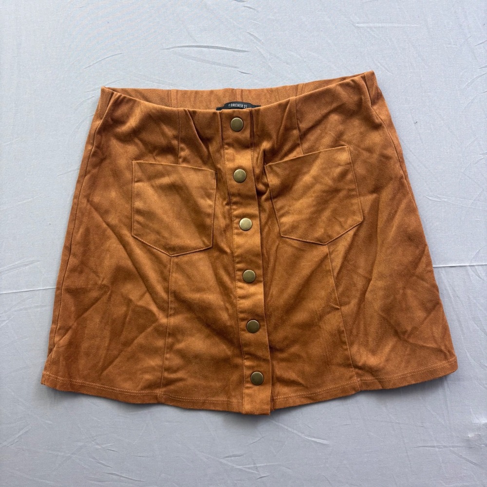 Forever 21 Womens Faux Suede Button Front Mini‎ Skirt Brown Camel A-Line Small